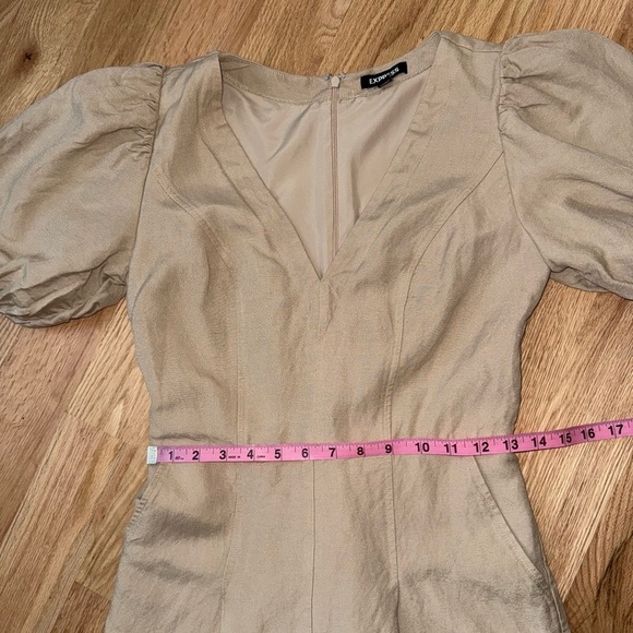 Express Linen-Blend Puff Sleeve Romper Neutral Cream Tan Size XS - Picture 10 of 14